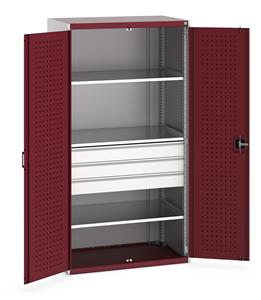 40021109.** Bott cubio kitted cupboard with lockable steel perfo lined doors 1050mm wide x 650mm deep x 2000mm high.  Supplied with 3 x 125mm high drawers and 3 x metal shelves.   Drawer capacity 75kgs, shelf capacity 100kgs....